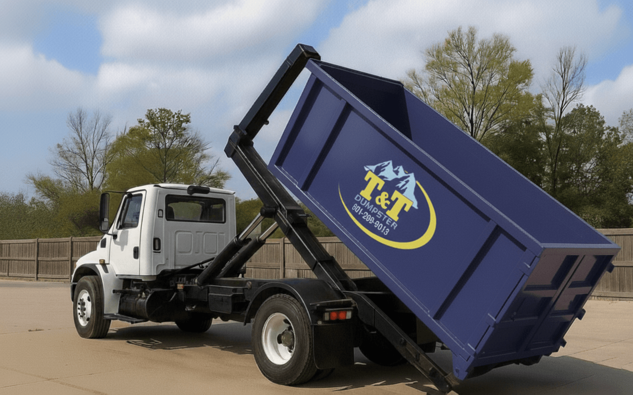 Professional dumpster rental delivery service with roll-off truck dropping off dumpster at job site